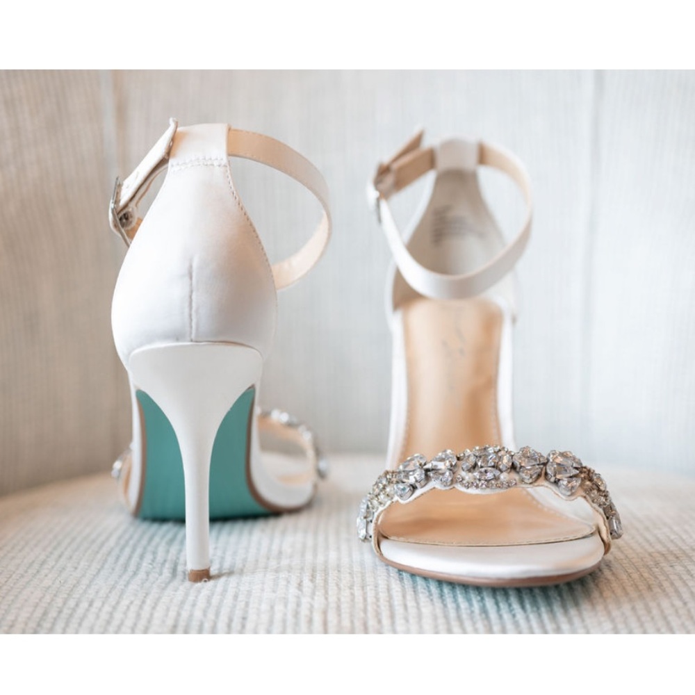 Betsey Johnson White Crystal Embellished Ankle Strap Heels